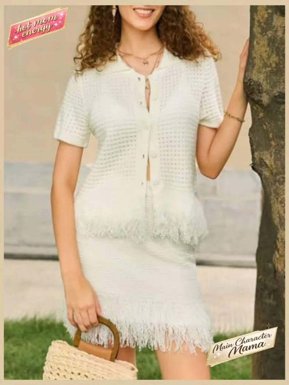 Crochet Button Sweater Fringe Skirt Set Summer Vacation Beach Cover Up - Picture 2 of 7